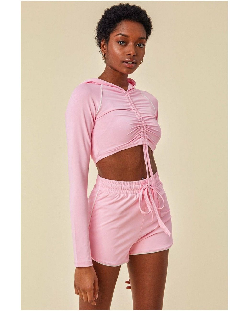 Cosmochic Pink Jersey Short Set With Drawstring Top