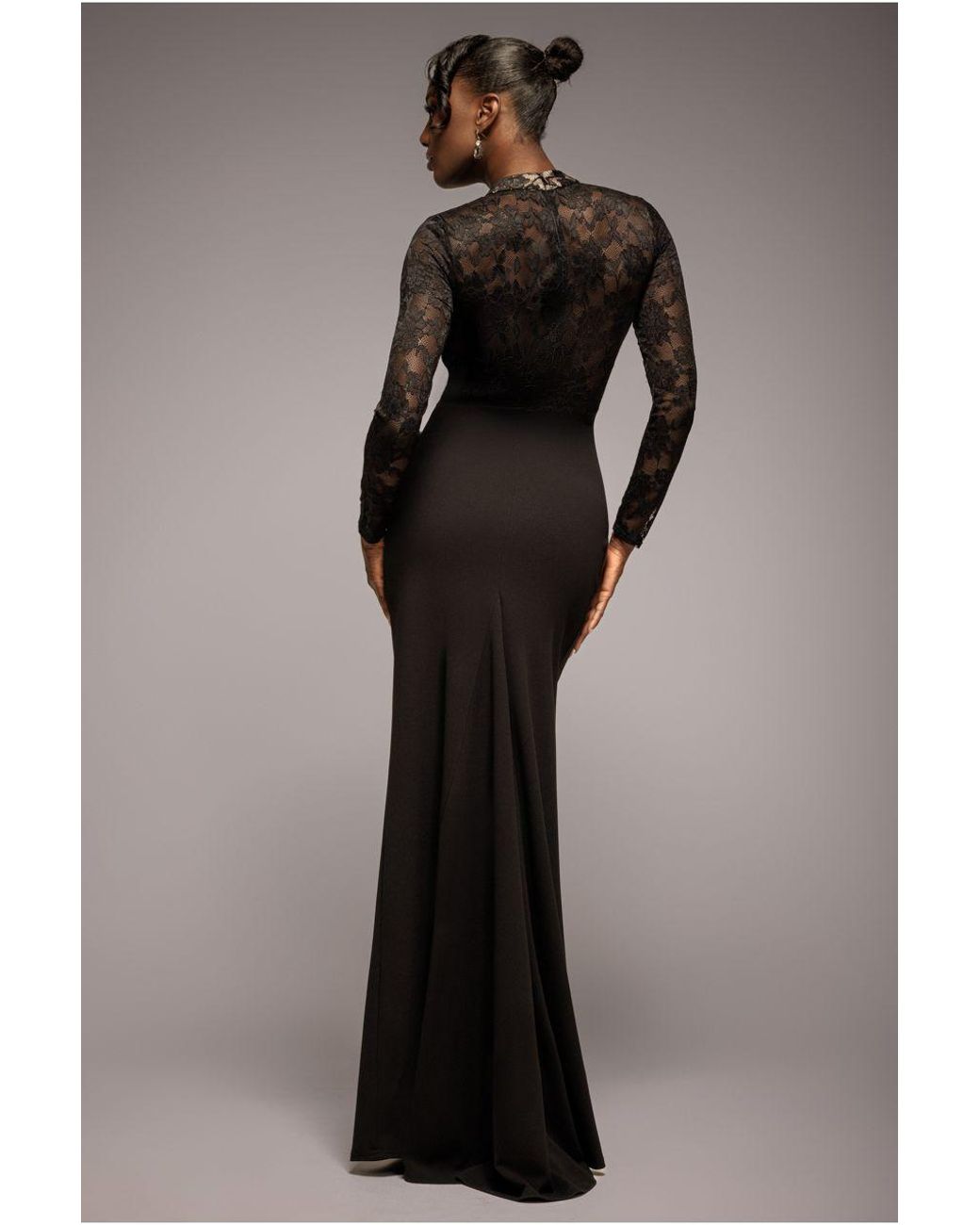 Goddiva Lace High Neck Sheer Bodice Long Sleeve Maxi Dress in Black — free download