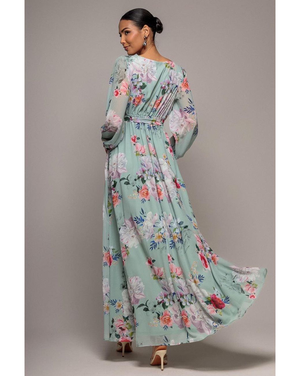 Goddiva Gray Wrap Front Slit Floral Maxi Dress