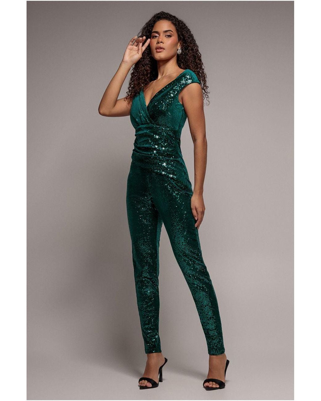 Goddiva Blue Sequin Velvet Bardot Jumpsuit