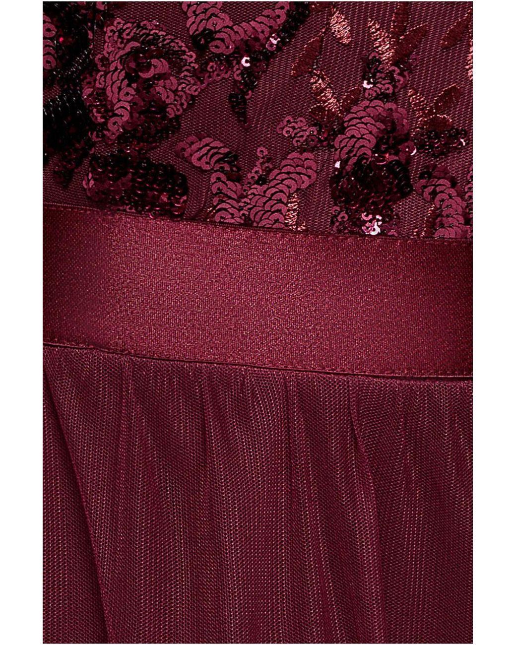 Goddiva Red Scallop Bardot Ruffle Mesh Maxi