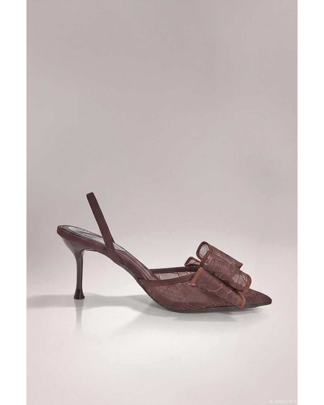 Goddiva Brown Pointed Toe Lace Bow Stiletto Slingback Heels