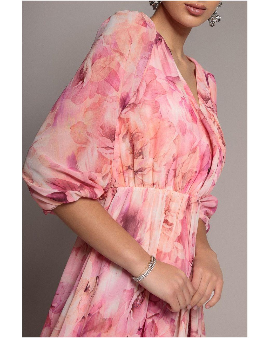 Goddiva Pink Floral Print Wrap A Line Midi Dress