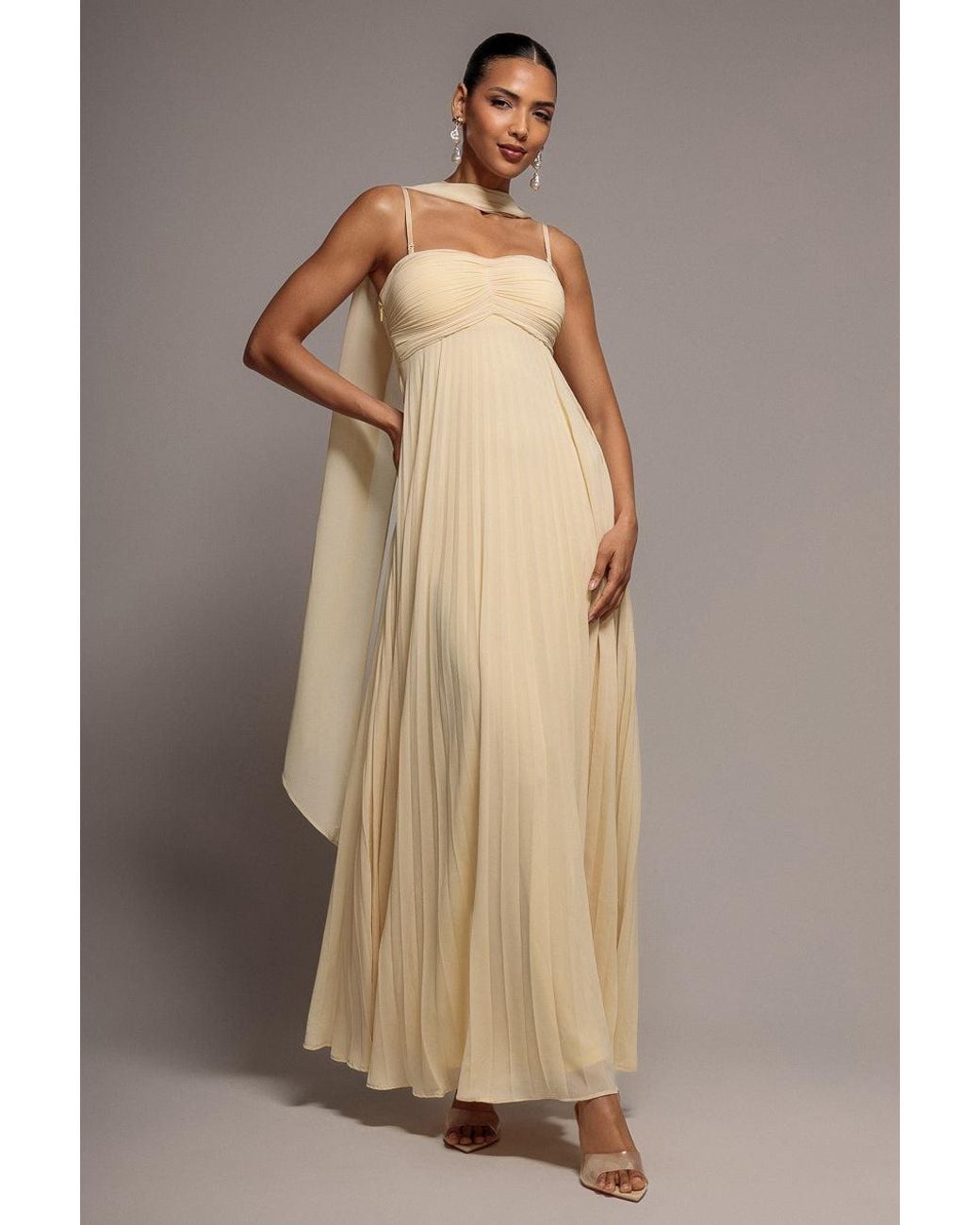 Goddiva Natural Sleeveless Pleated Chiffon Multiway Scarf Maxi Dress
