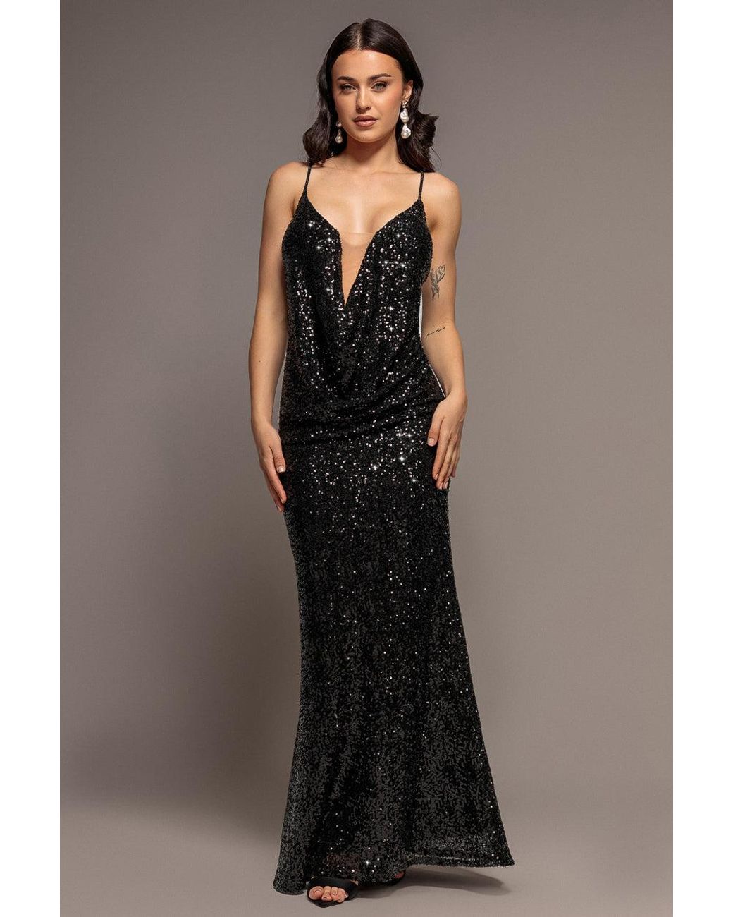Goddiva Blue Plunge Cowl Criss Cross Back Sequin Maxi Dress