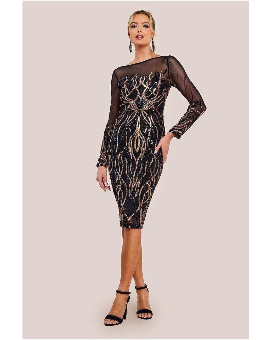 Goddiva Black Long Sleeve Sequin Flame Midi Dress