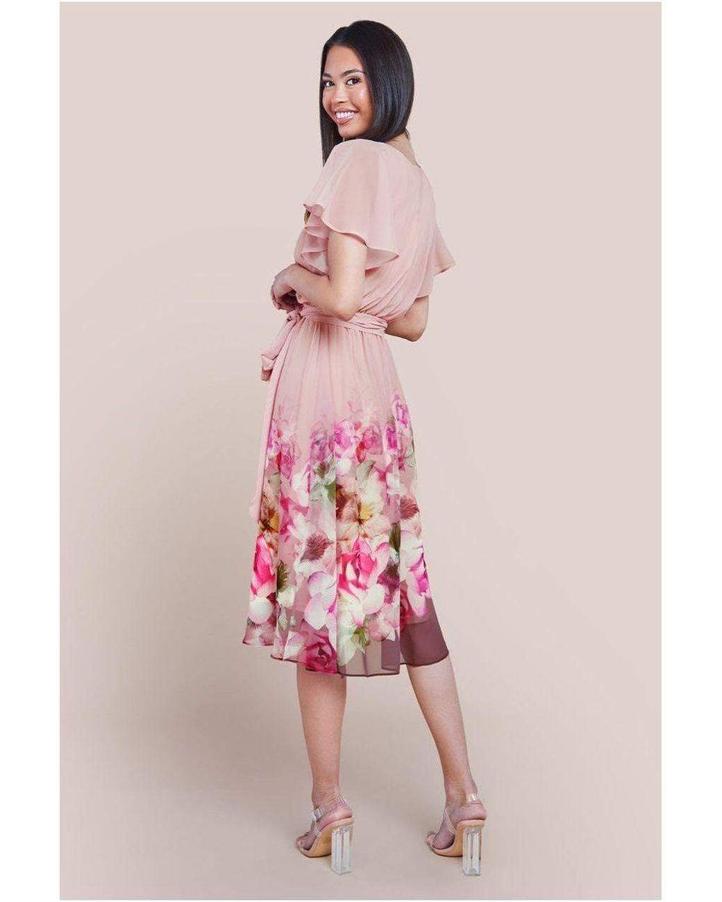 Goddiva Pink Chiffon Lurex Floral Border Print Midi Dress