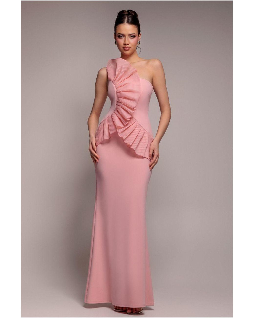 Goddiva Pink One Shoulder Pleated Fan Maxi Dress