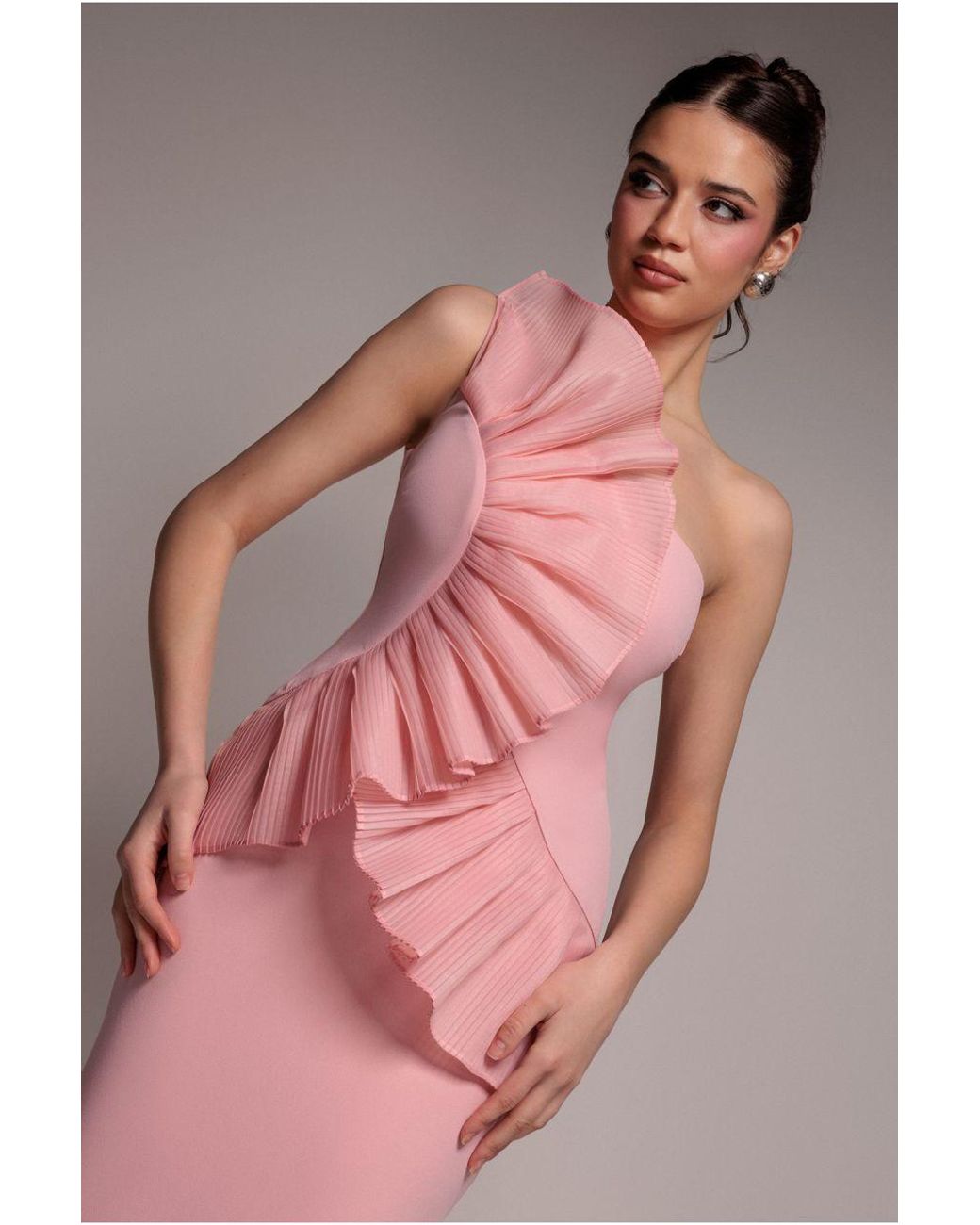 Goddiva Pink One Shoulder Pleated Fan Maxi Dress
