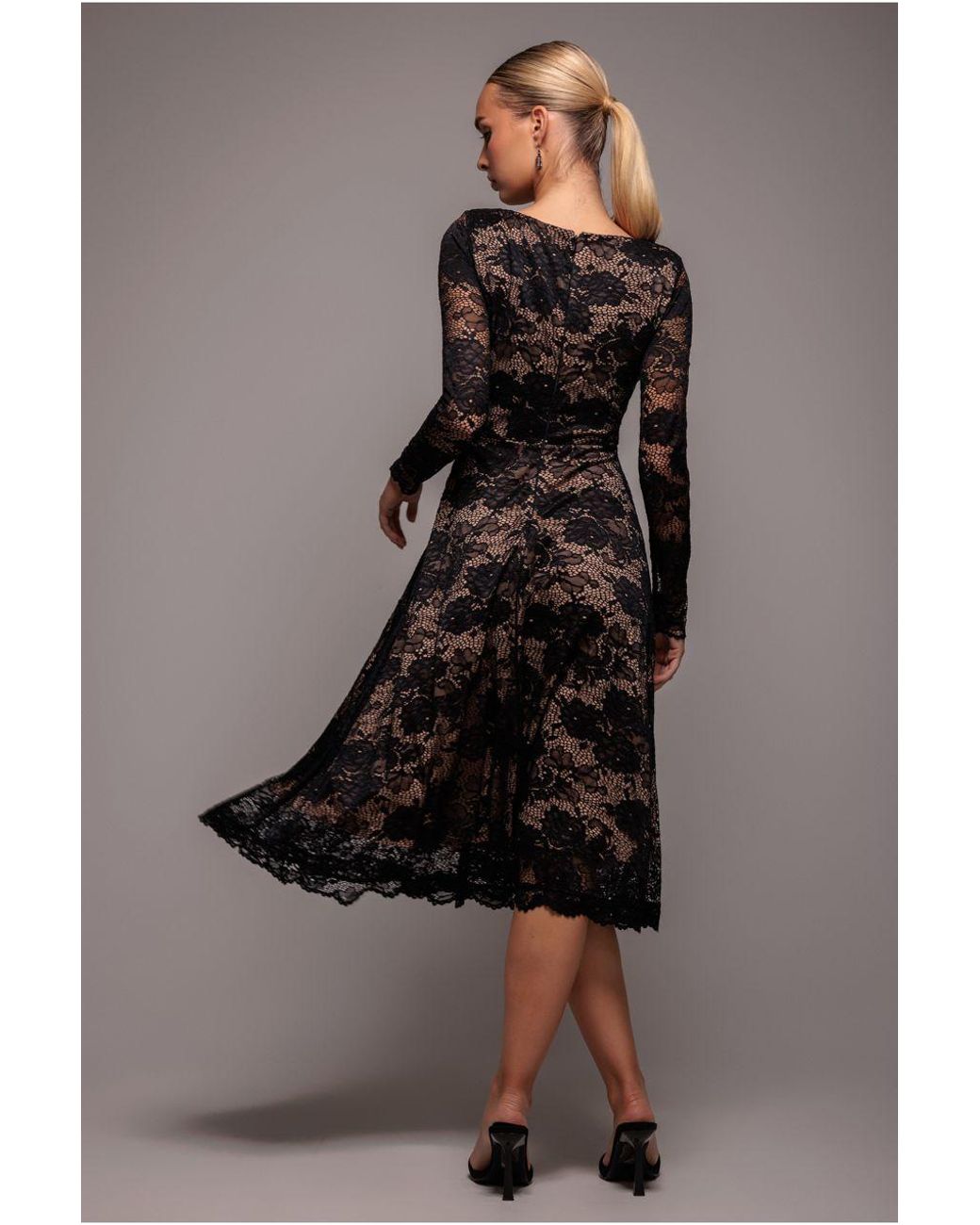 Goddiva Black Scalloped Lace A-Line Midi Dress