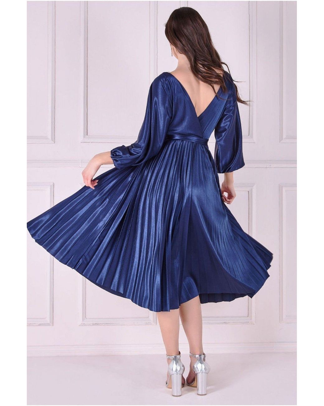 Goddiva Blue Satin Pleated Skirt Wrap Midi Dress