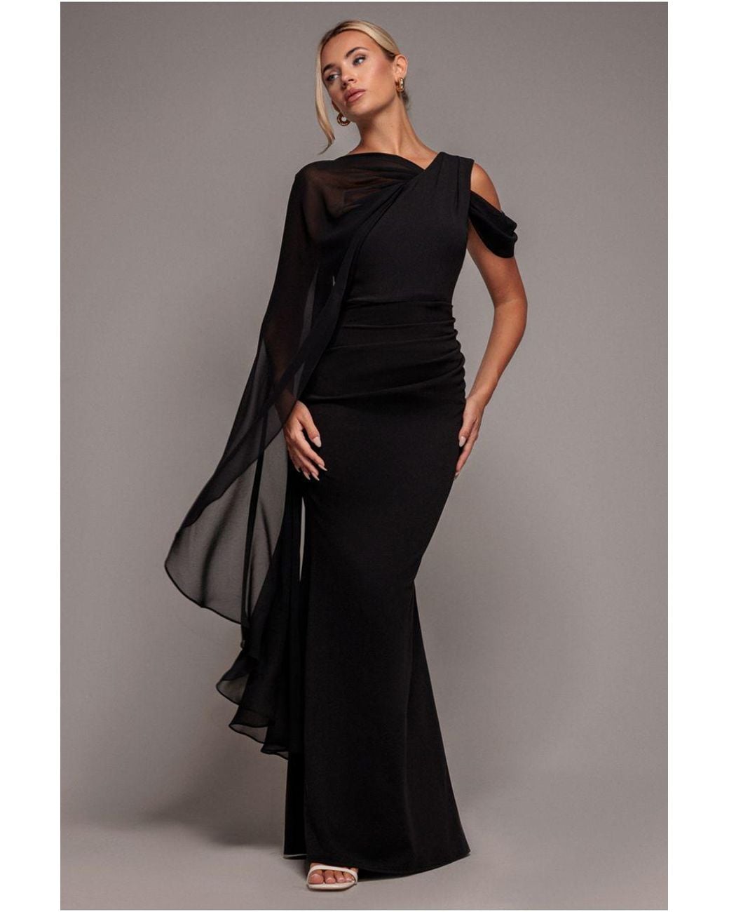 Goddiva Black One Shoulder Chiffon Cape Crepe Maxi Dress
