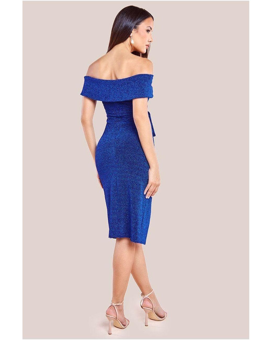 Goddiva Blue Sparkling Bardot Midi With Waterfall Ruffle