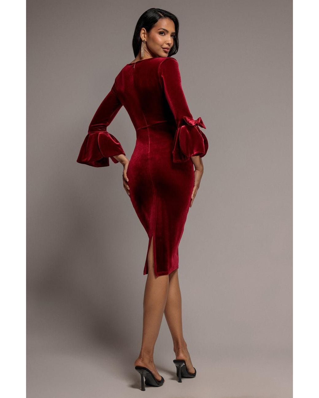 Goddiva Red Petal Bow Sleeve Frill Velvet Midi Dress