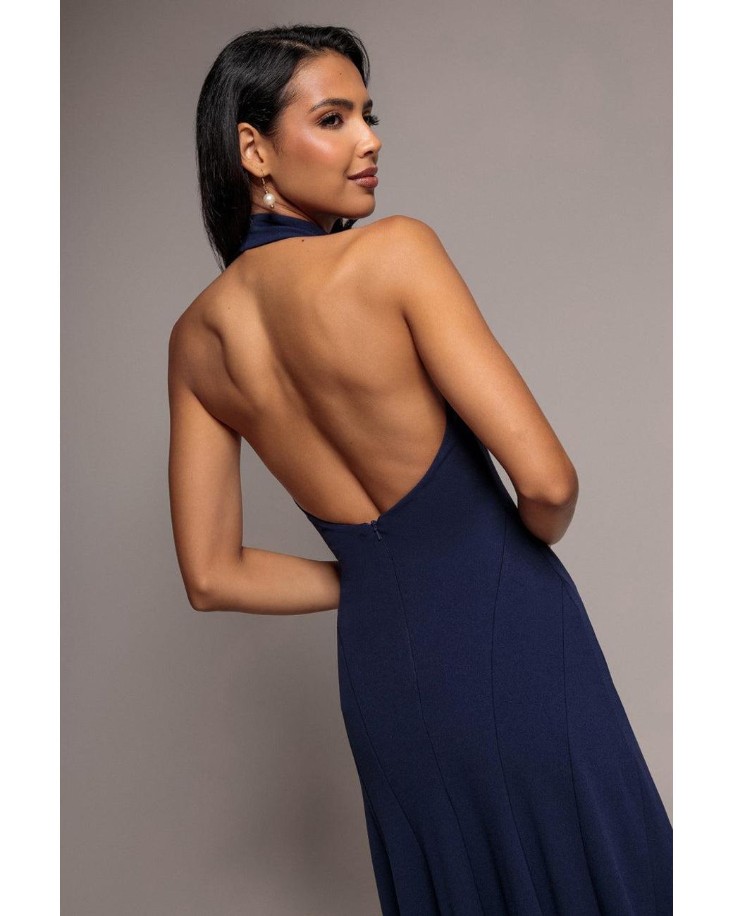 Goddiva Blue Halterneck Cowl Neck Backless Scuba Crepe Maxi Dress
