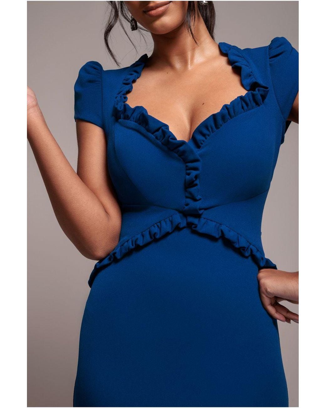 Goddiva Blue Cap Sleeve Frill Edge Midi Dress