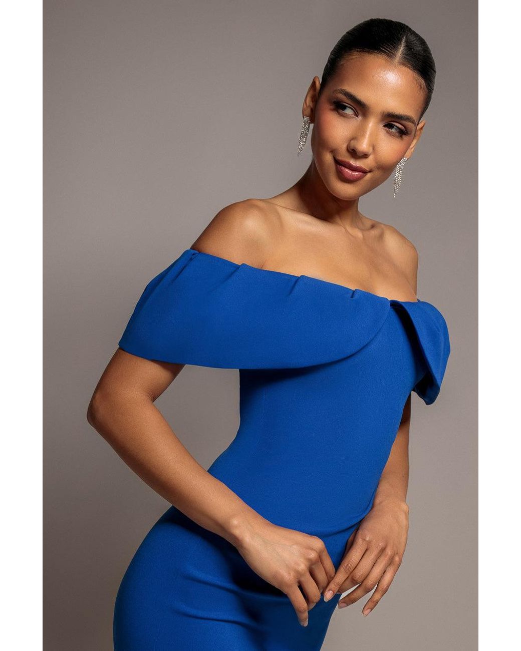 Goddiva Blue Scuba Crepe Pleated Bardot Midi Dress