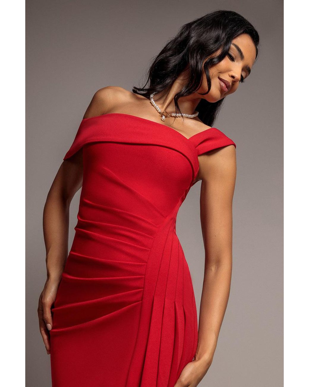 Goddiva Red Off Shoulder Pleated Waist Asymmetric Midaxi Dress