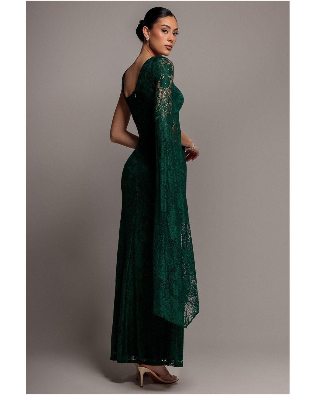 Goddiva Green One Shoulder Cape Sleeve Pleated Lace Maxi Dress
