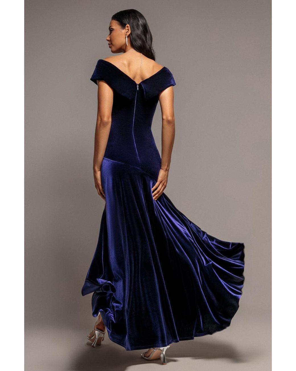 Goddiva Blue Velvet Off Shoulder Pleated A Line Maxi Dress