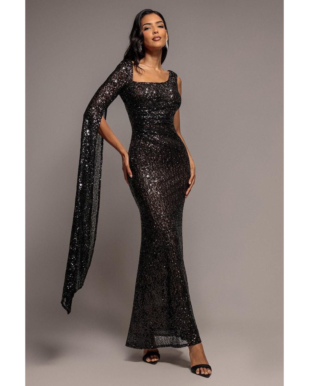 Goddiva Brown One Side Cape Sleeve Sequin Maxi Dress