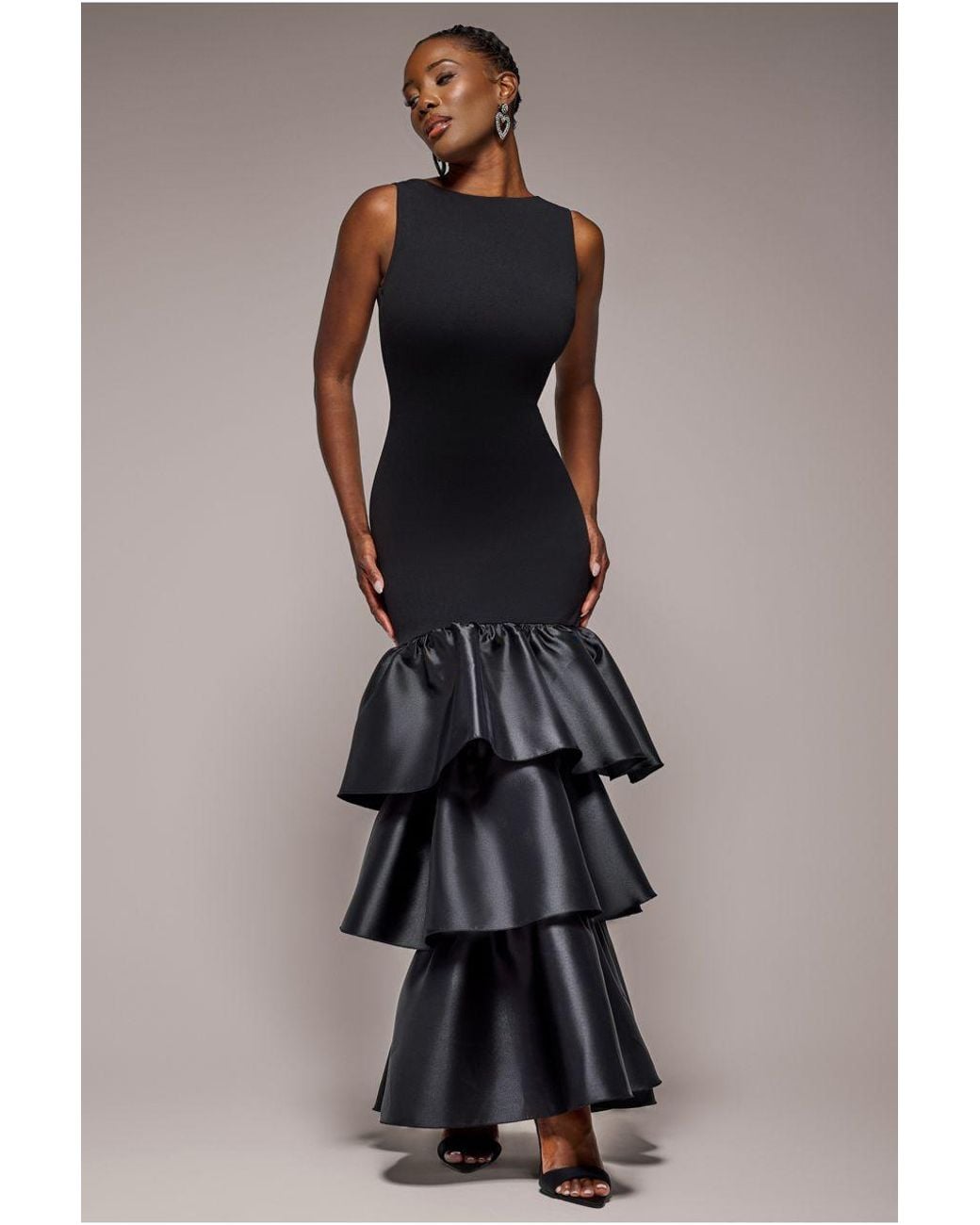 Goddiva Blue Boat Neck Satin & Scuba Crepe Tiered Maxi Dress