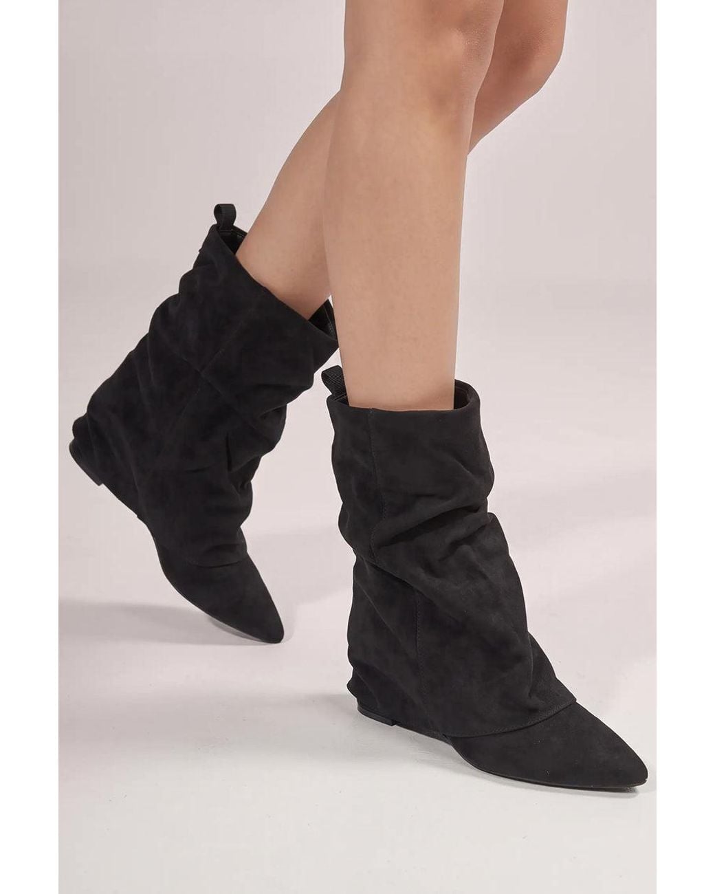 Goddiva Black Mid Calf Slouchy Low Block Heel Boots