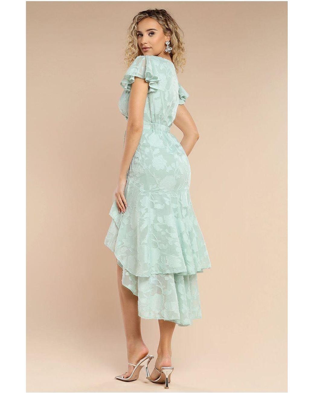 Goddiva Blue Jacquard Chiffon Wrap High Low Midaxi Dress