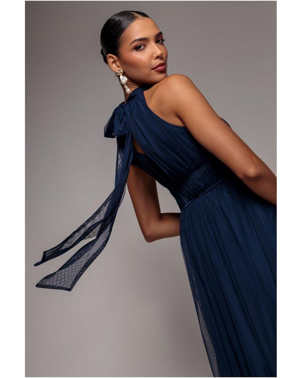 Goddiva Blue Halter Neck Mesh Tie Maxi Dress