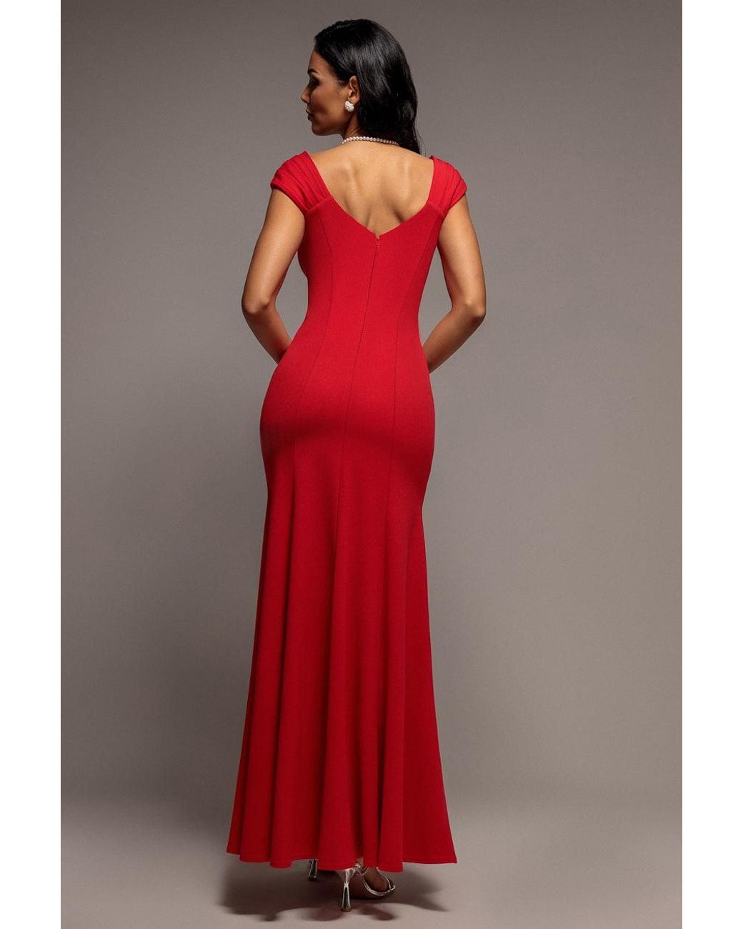 Goddiva Red Capped Sleeve V Neck Pleated Fit & Flare Maxi Dress