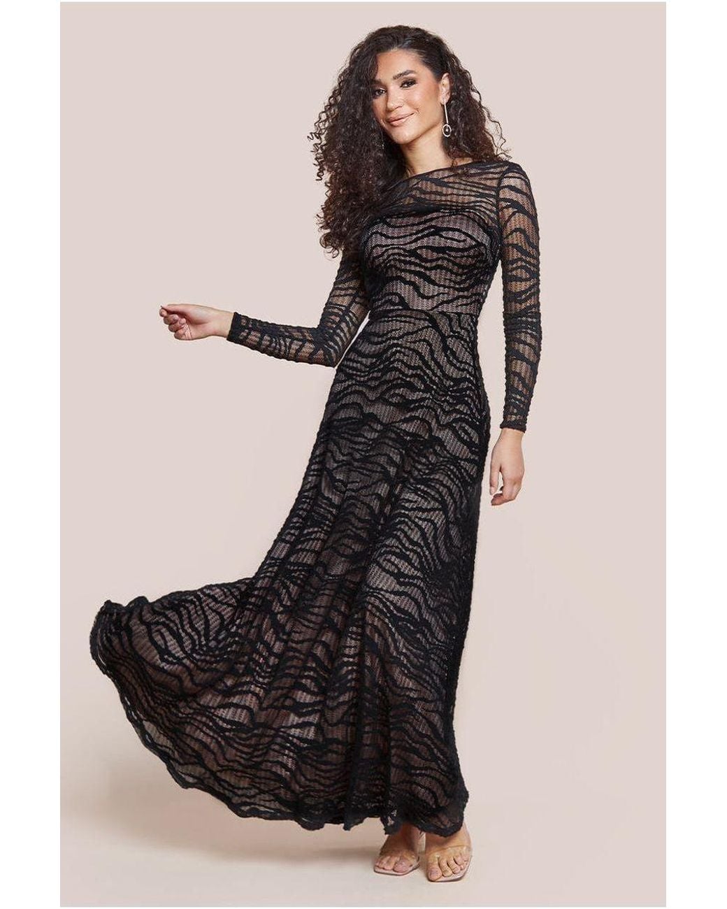 Goddiva Black Geo Wave Flare Skirt Long Sleeve Dress