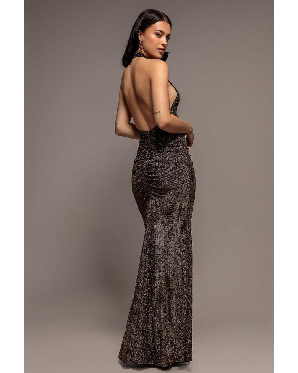 Goddiva Brown Halter Neck Front Gathered Backless Glitter Maxi Dress
