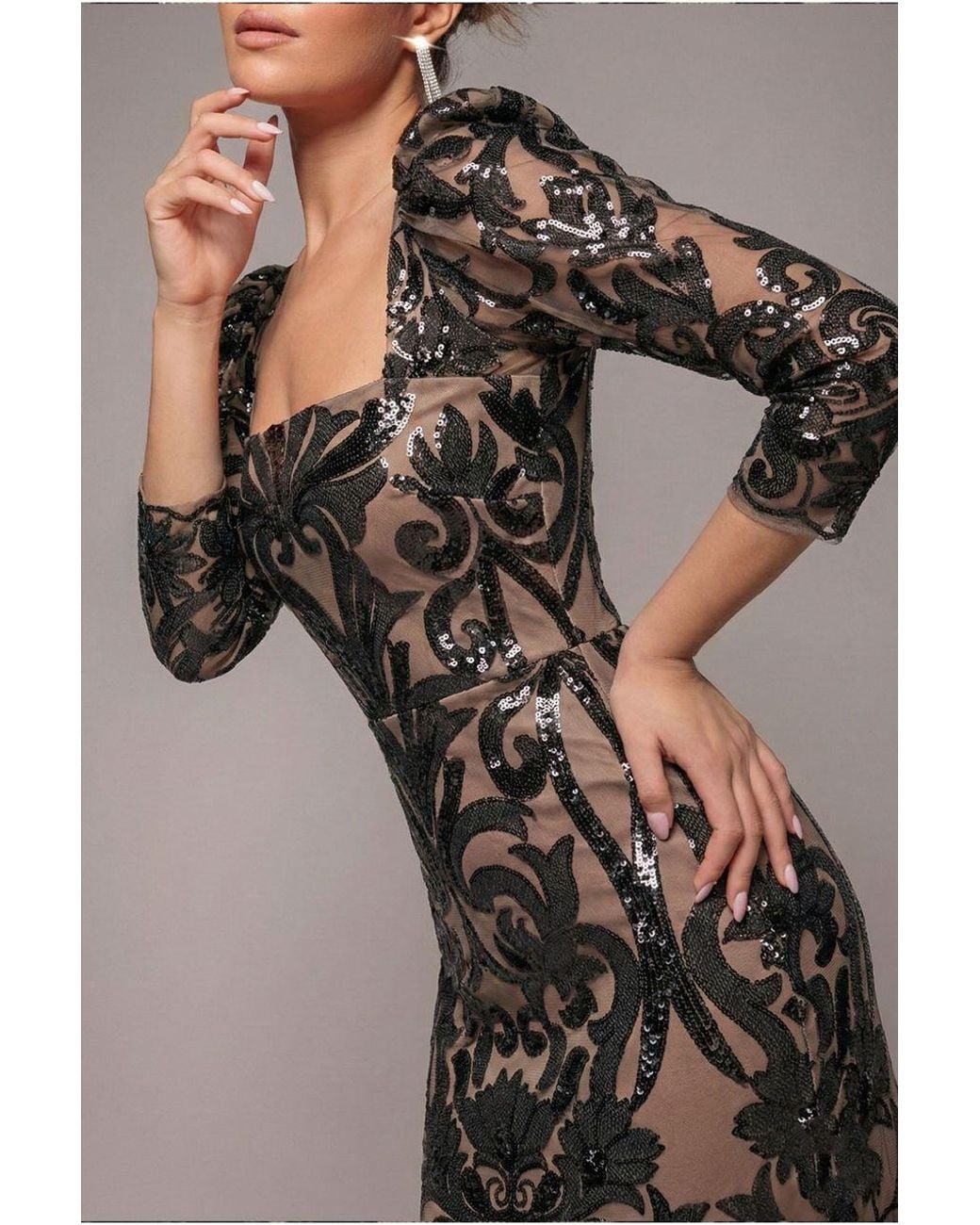 Goddiva Black Square Neck Scalloped Lace Maxi