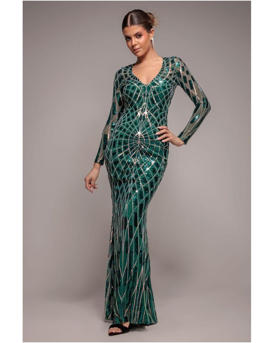 Goddiva Geo Sequin Long Sleeve Maxi Dress in Blue | Lyst UK