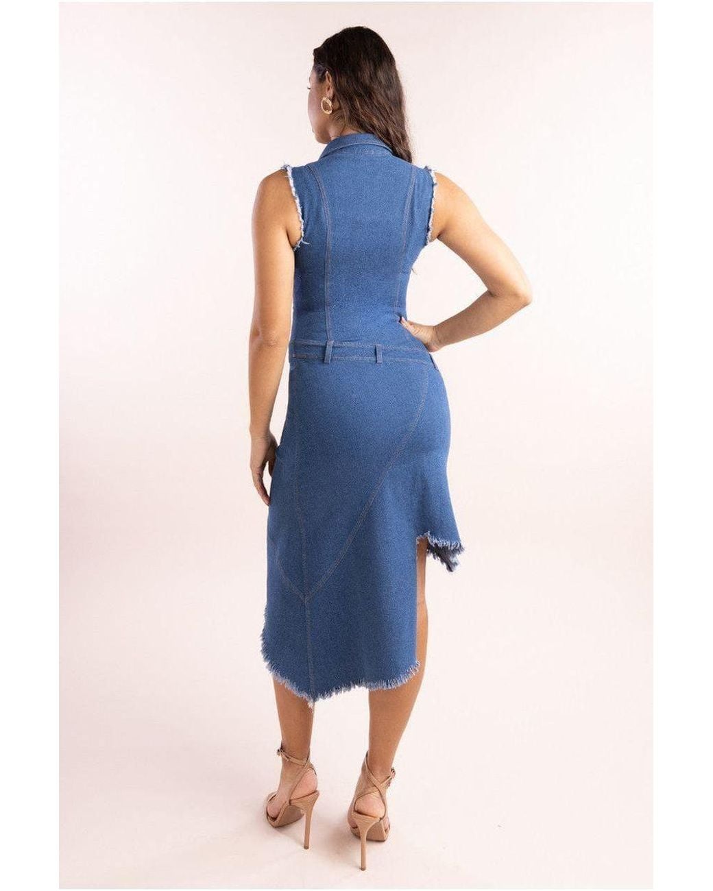 Goddiva Blue Denim Frayed Asymmetric Sleeveless Midaxi Shirt Dress