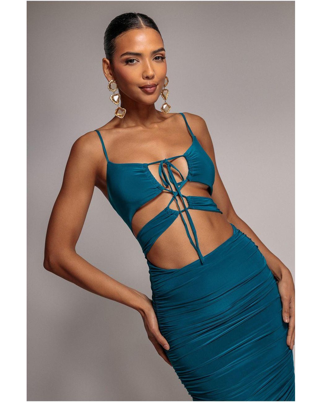 Goddiva Blue Cut Out Ruched Midi With Drawstring