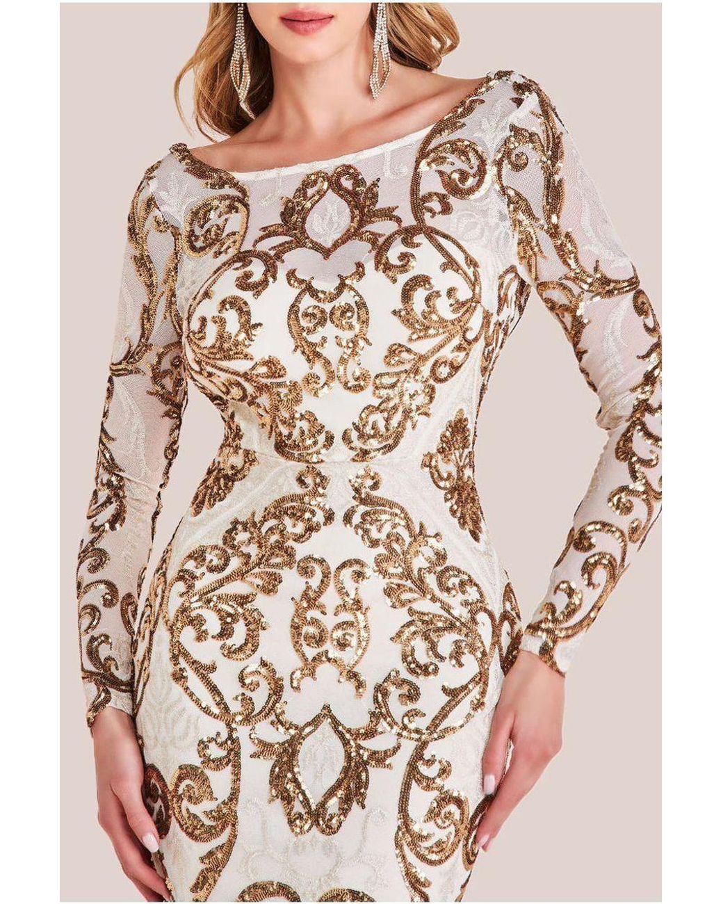 Goddiva Natural Sequin Cowl Back Maxi