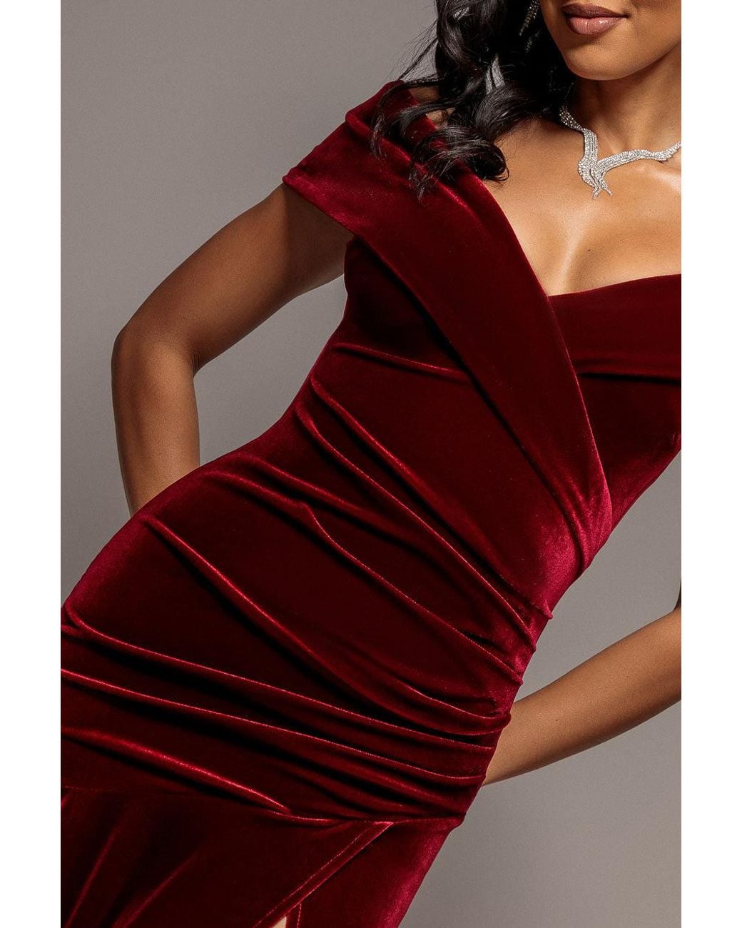 Goddiva Red Velvet Off Shoulder Pleated A Line Maxi Dress