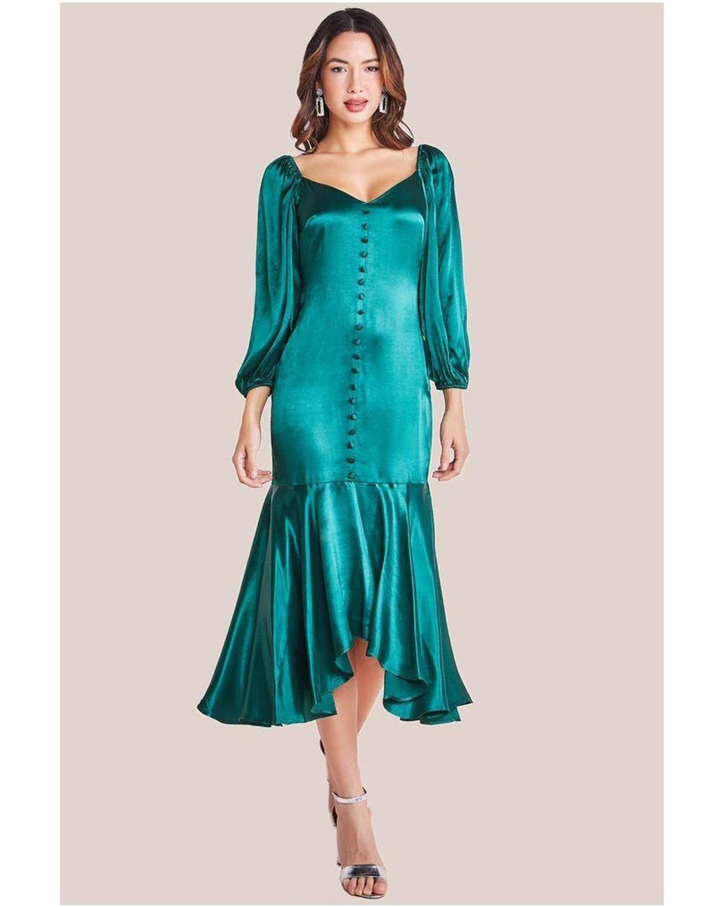 Goddiva Green Satin Viscose Front Buttoned Dipped Hem