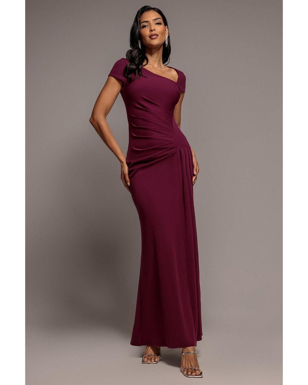 Goddiva Red Cap Sleeve Pleated Asymmetric Maxi Dress