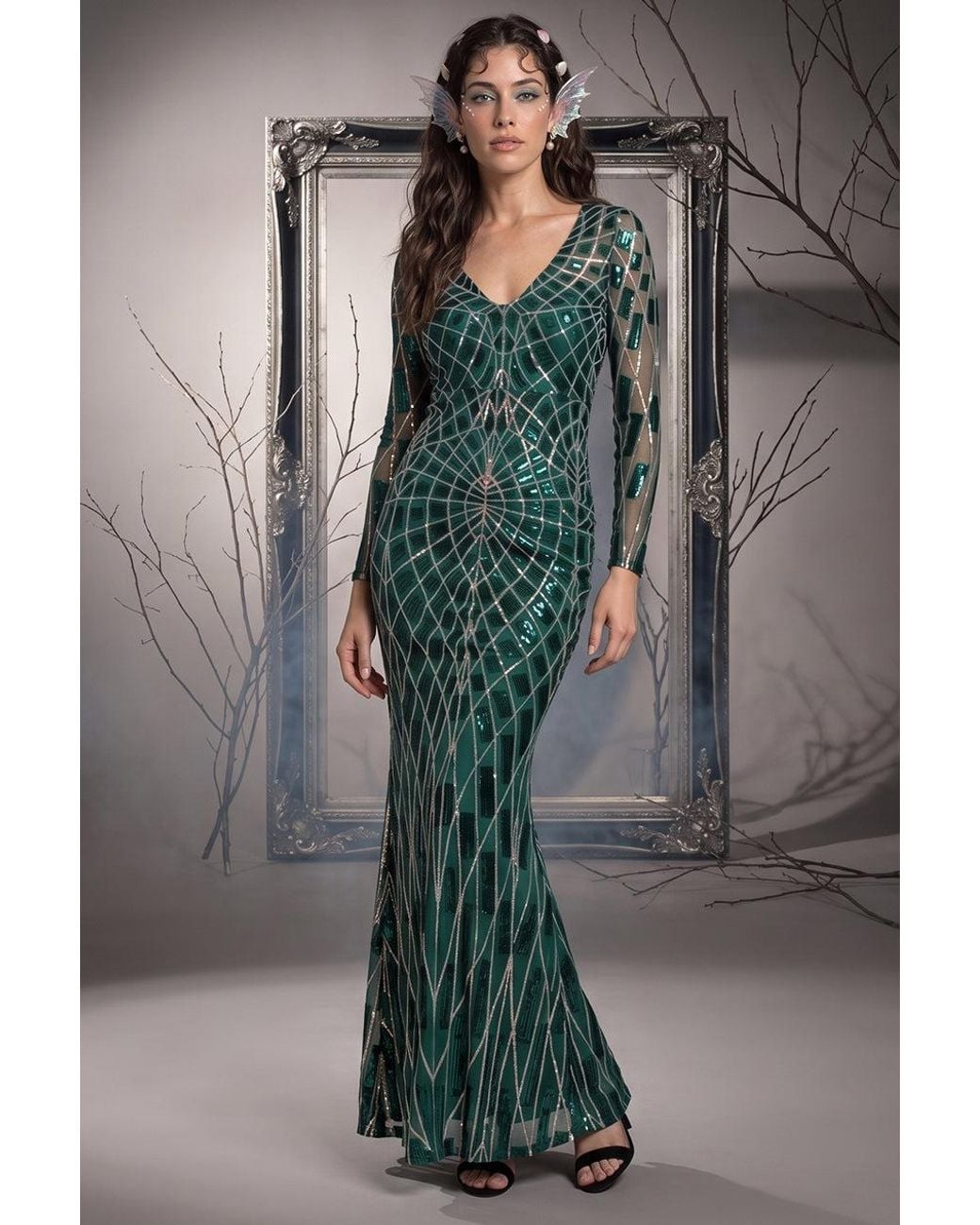 Goddiva Gray Iridescent Long Sleeve Sequin Mermaid Inspired Halloween Costume