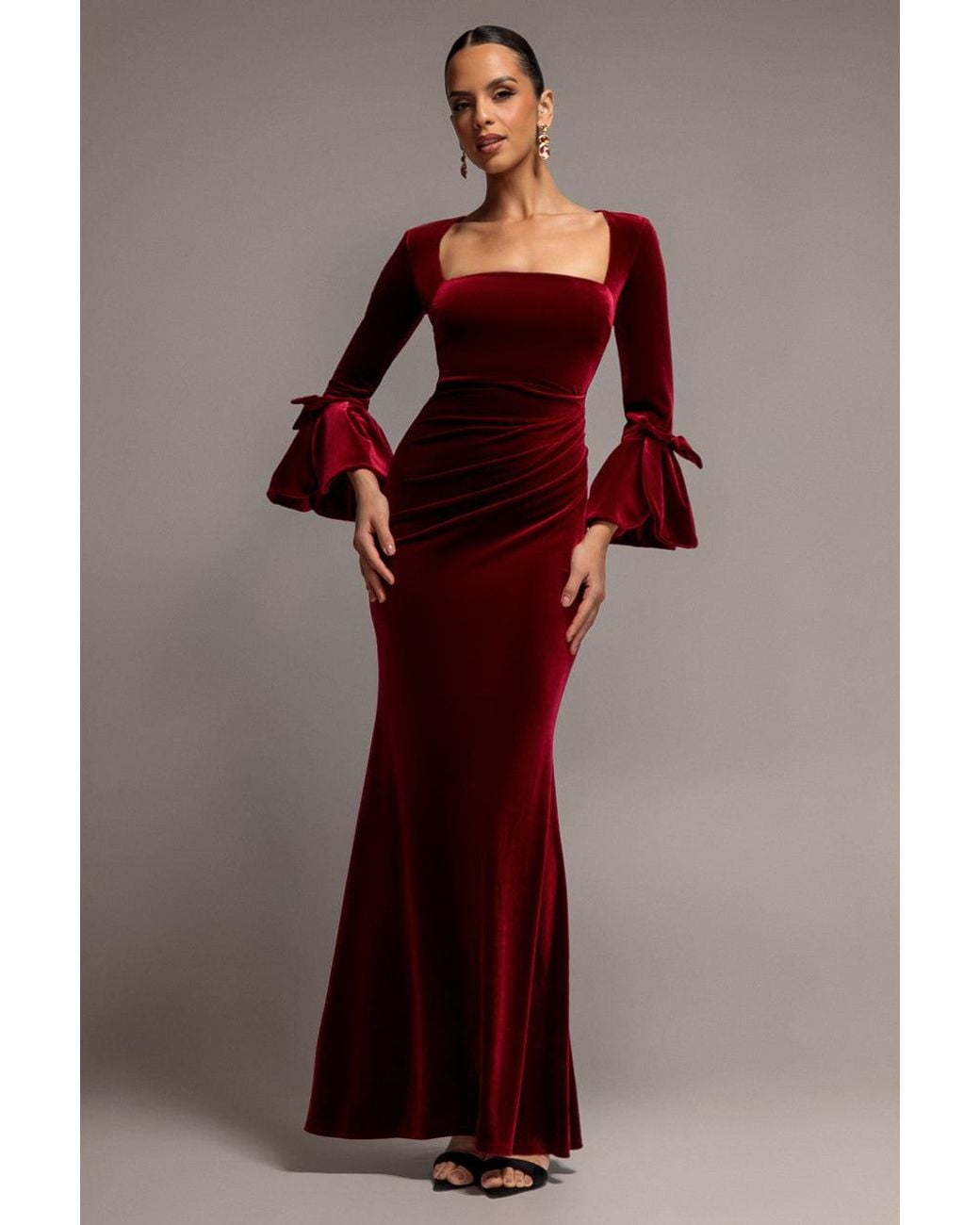 Goddiva Red Petal Bow Sleeve Frill Velvet Maxi Dress