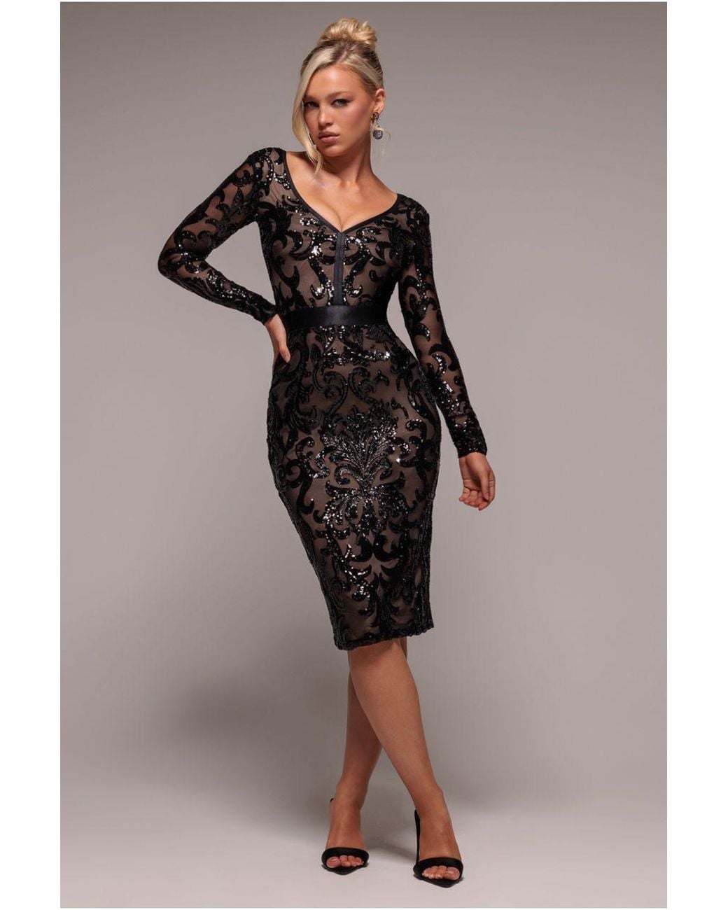 Goddiva Black Sequin & Mesh Midi Dress