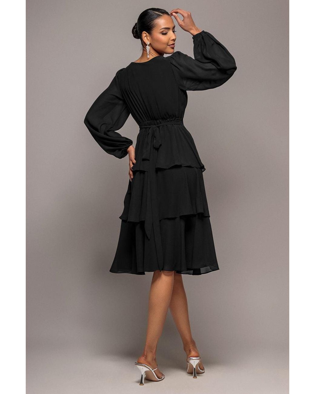Goddiva Black Tiered Chiffon Wrap Midi Dress