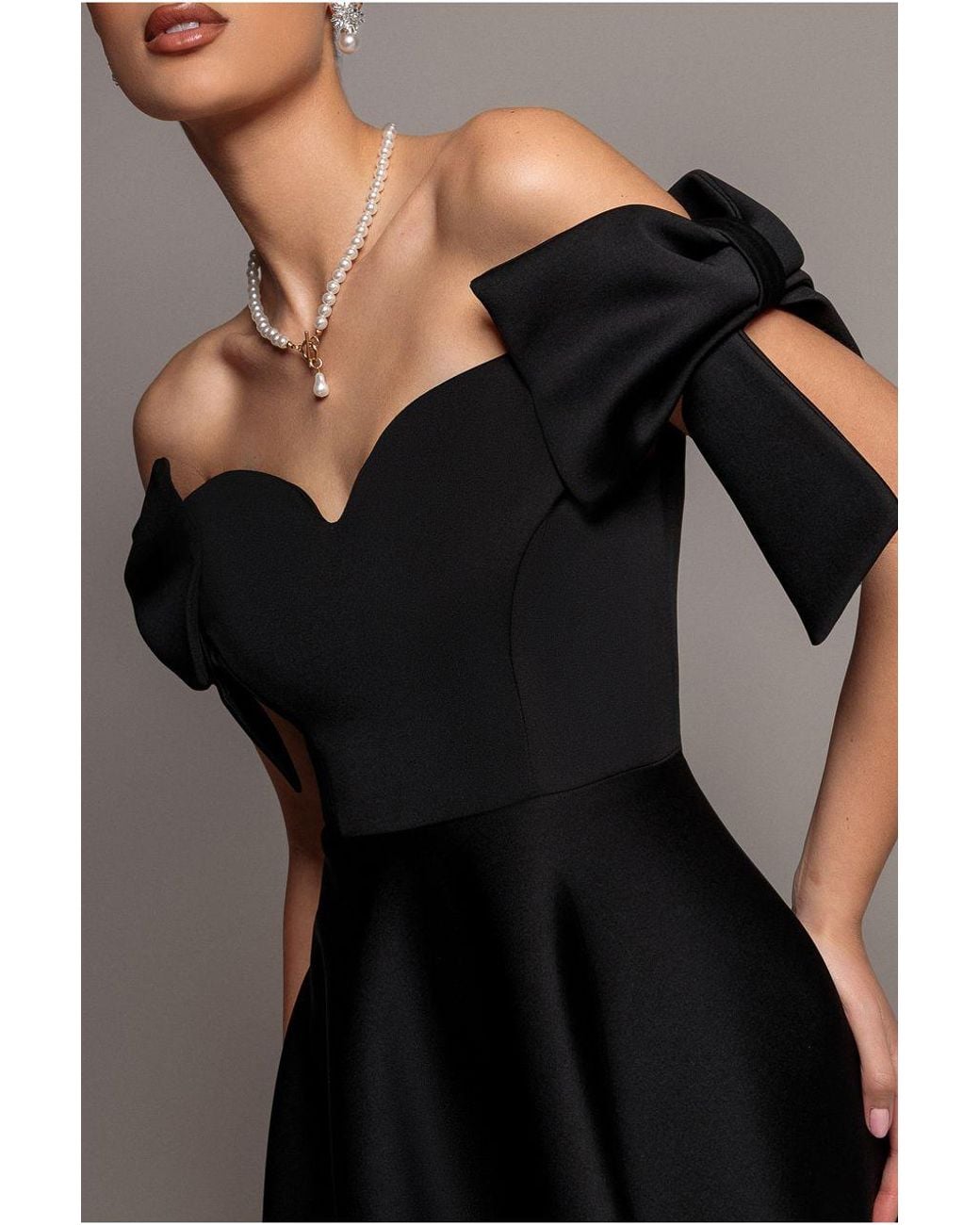 Goddiva Gray Bardot Plunge Neck Bow Sleeve A Line Midi Dress