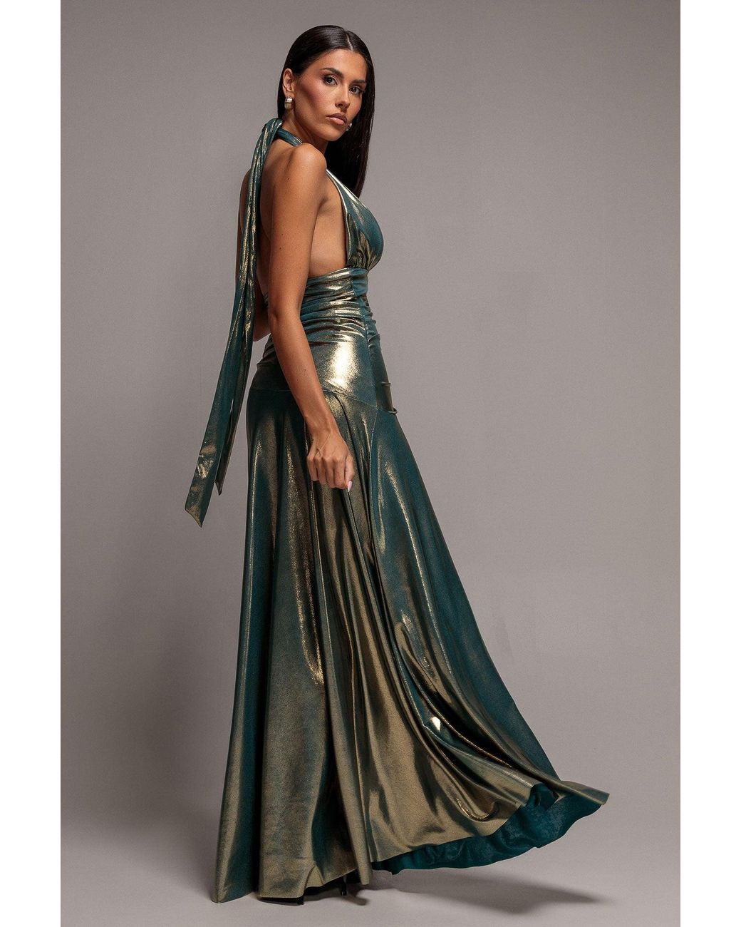 Goddiva Gray Halterneck Empire Waist Gathered Sunrise Foil Maxi Dress