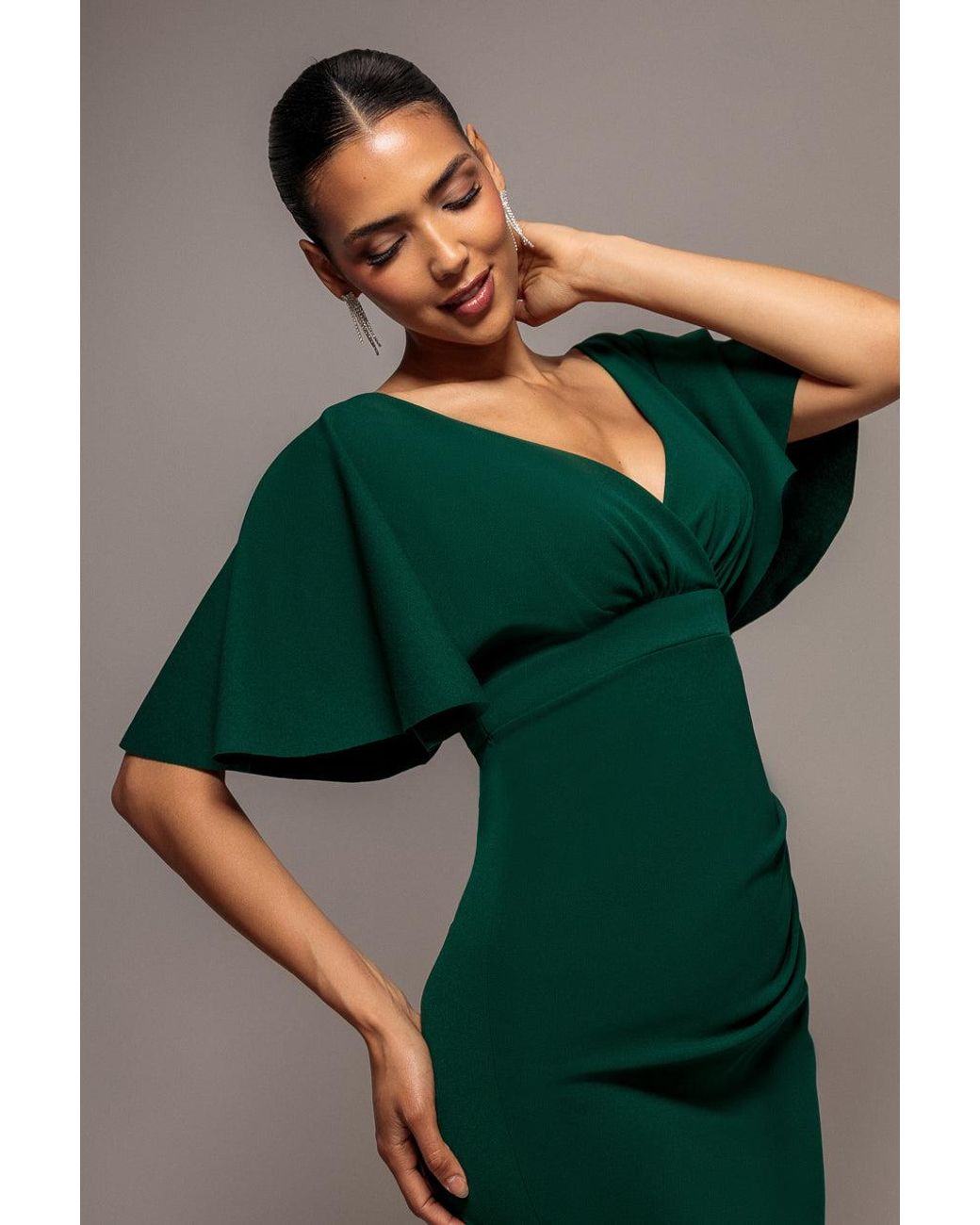 Goddiva Green Flutter Sleeve Wrap Midi Dress