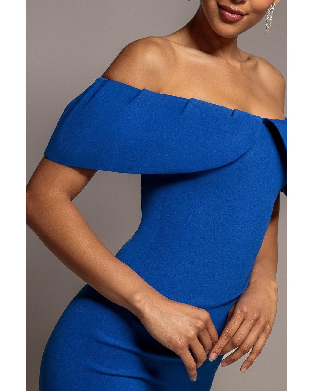 Goddiva Blue Scuba Crepe Pleated Bardot Midi Dress