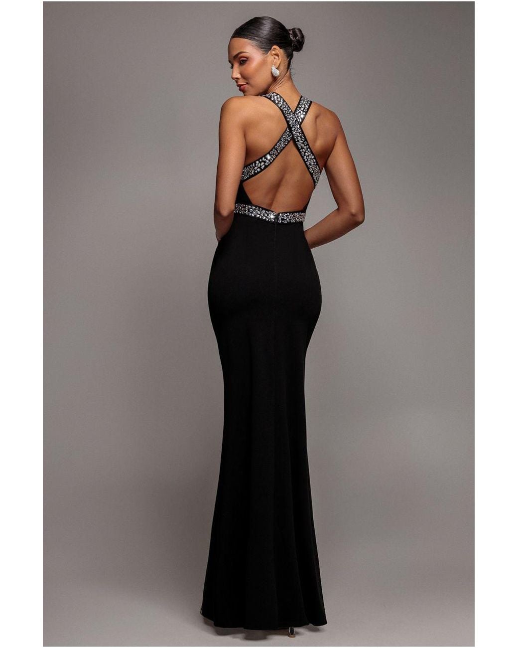 Goddiva Black Diamante Cross Back Maxi Dress
