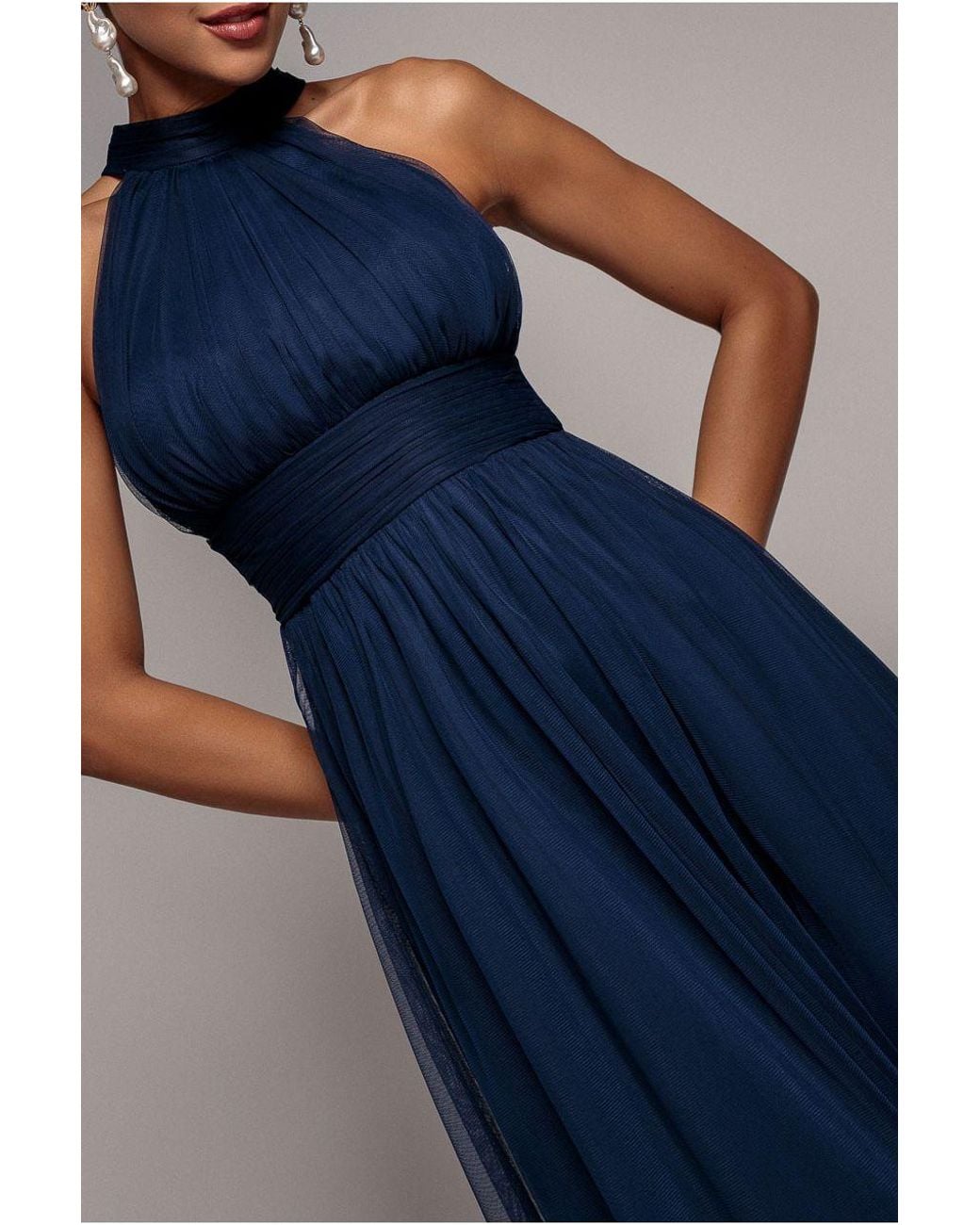 Goddiva Blue Halter Neck Mesh Tie Maxi Dress